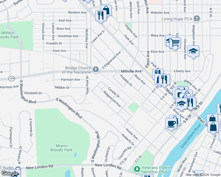 map of restaurants, bars, coffee shops, grocery stores, and more near 727 Coralie Street in Hamilton