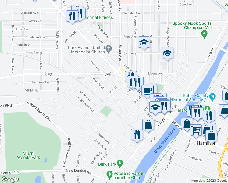 map of restaurants, bars, coffee shops, grocery stores, and more near 120 South G Street in Hamilton