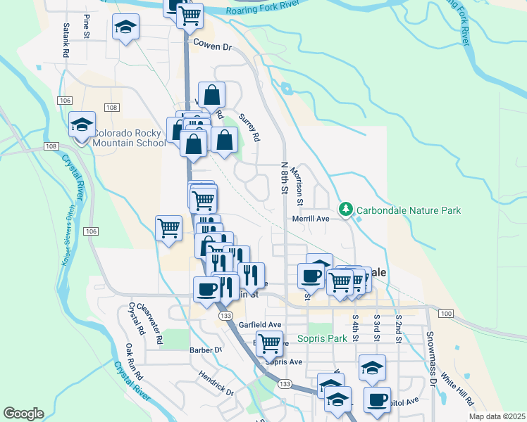 map of restaurants, bars, coffee shops, grocery stores, and more near 1005 Crown Drive in Carbondale