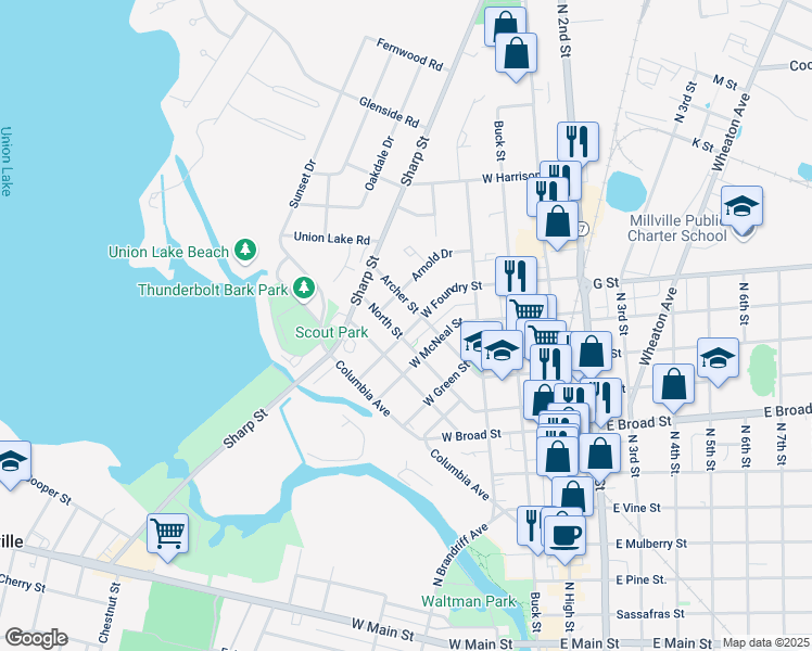 map of restaurants, bars, coffee shops, grocery stores, and more near 218 West Foundry Street in Millville