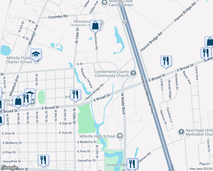 map of restaurants, bars, coffee shops, grocery stores, and more near 1401 Hance Bridge Road in Millville
