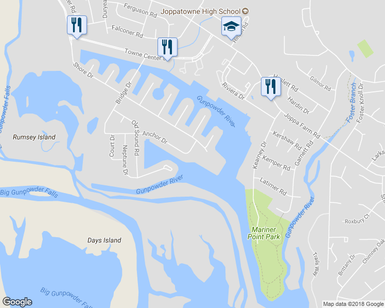 map of restaurants, bars, coffee shops, grocery stores, and more near 502 Anchor Drive in Harford County