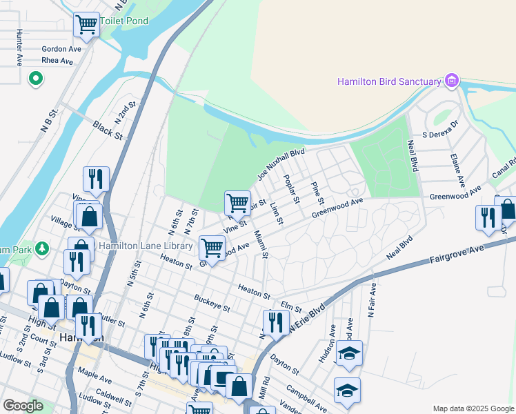 map of restaurants, bars, coffee shops, grocery stores, and more near 1019 Reservoir Street in Hamilton