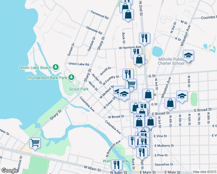 map of restaurants, bars, coffee shops, grocery stores, and more near 130 West McNeal Street in Millville