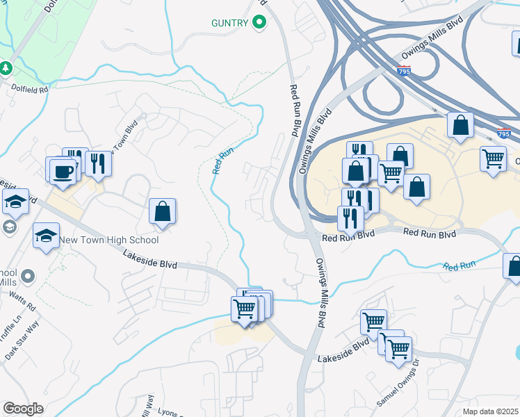 map of restaurants, bars, coffee shops, grocery stores, and more near 9301 Paragon Way in Owings Mills