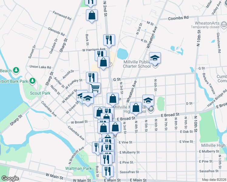 map of restaurants, bars, coffee shops, grocery stores, and more near 819 North 2nd Street in Millville