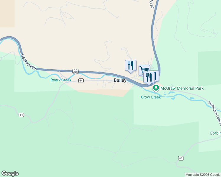 map of restaurants, bars, coffee shops, grocery stores, and more near 5720 County Road 64 in Bailey