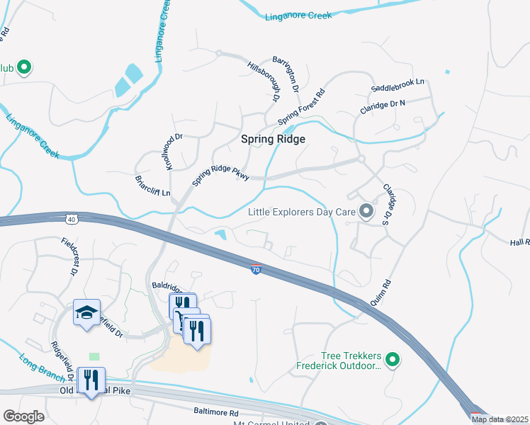 map of restaurants, bars, coffee shops, grocery stores, and more near 6144 Pine Crest Lane in Frederick