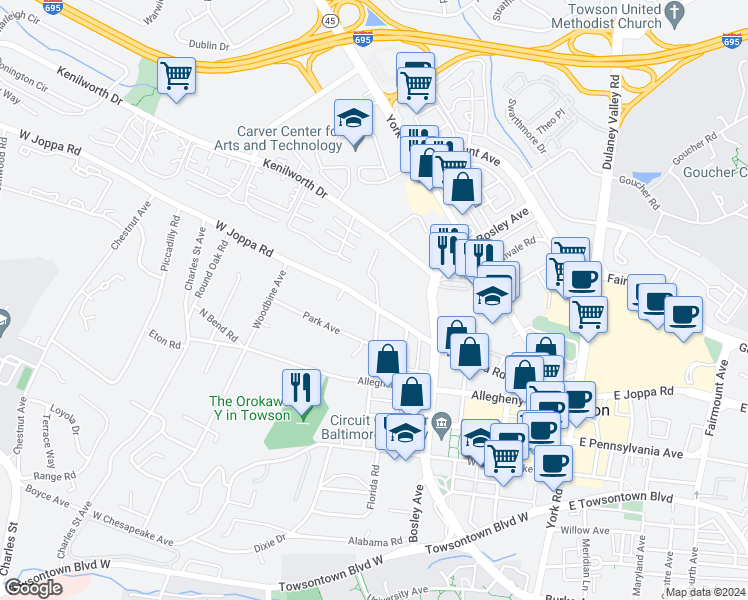map of restaurants, bars, coffee shops, grocery stores, and more near 500 West Joppa Road in Towson
