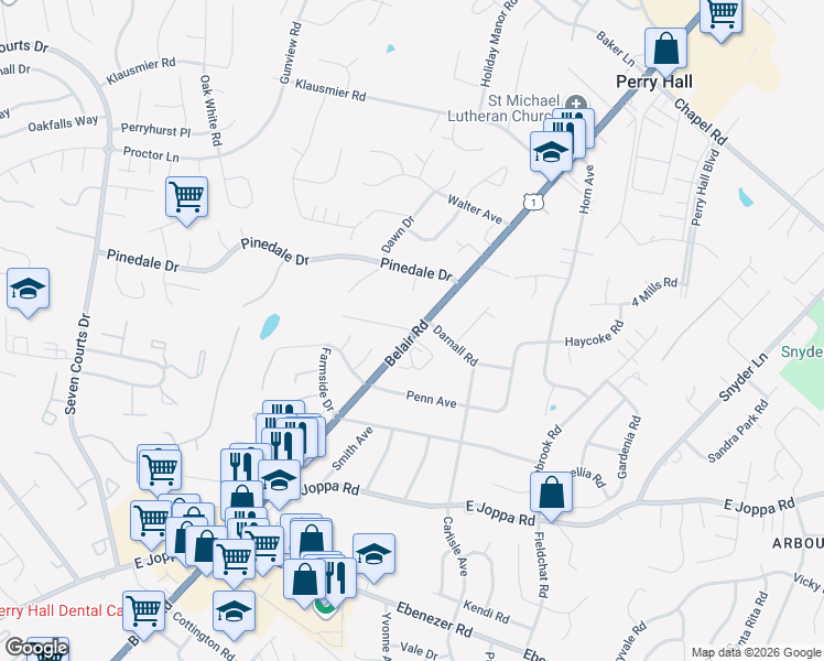 map of restaurants, bars, coffee shops, grocery stores, and more near 9400 Belair Road in Perry Hall
