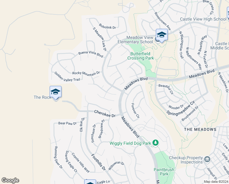 map of restaurants, bars, coffee shops, grocery stores, and more near 4457 Larksong Place in Castle Rock