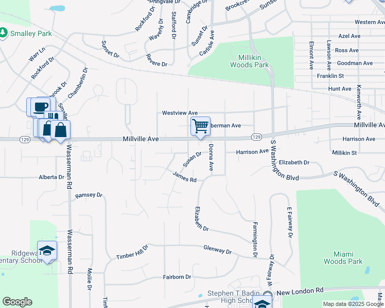 map of restaurants, bars, coffee shops, grocery stores, and more near 1090 Susan Drive in Hamilton