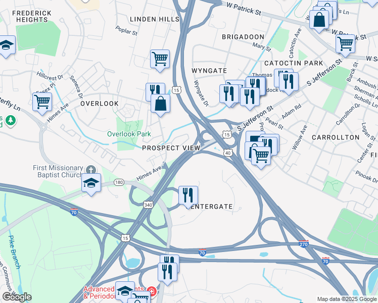 map of restaurants, bars, coffee shops, grocery stores, and more near U.S. 340 in Frederick