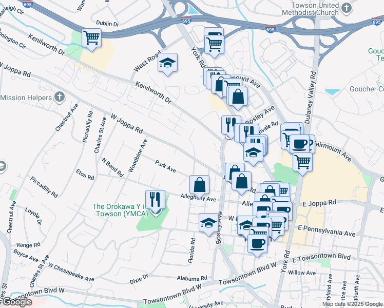 map of restaurants, bars, coffee shops, grocery stores, and more near 500 West Joppa Road in Towson