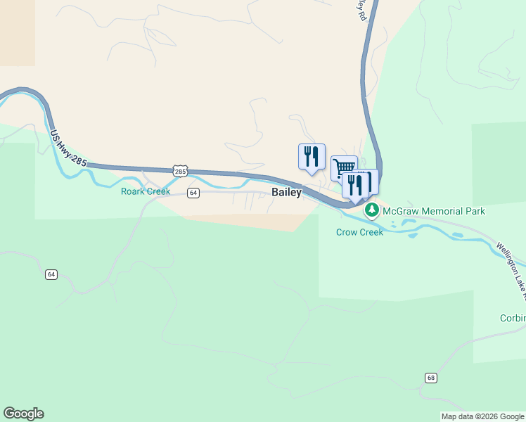 map of restaurants, bars, coffee shops, grocery stores, and more near 5720 County Road 64 in Bailey