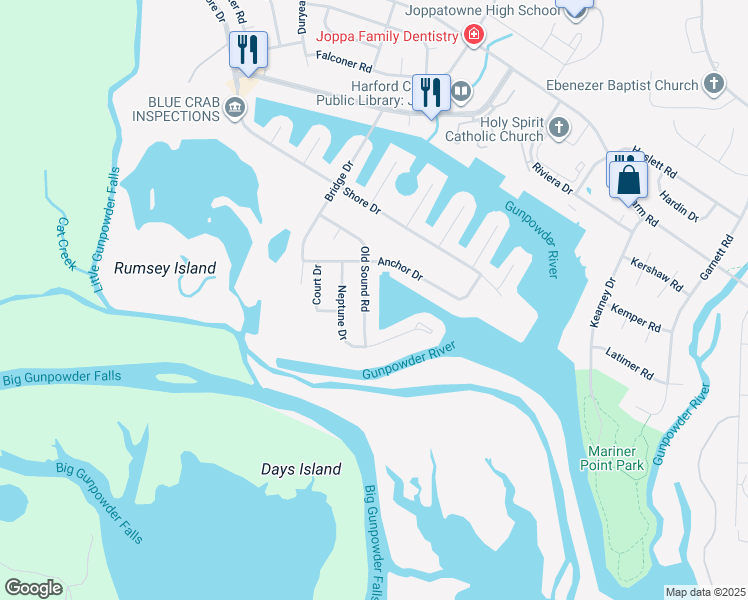 map of restaurants, bars, coffee shops, grocery stores, and more near 29 Old Sound Road in Harford County