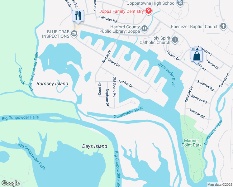 map of restaurants, bars, coffee shops, grocery stores, and more near 29 Old Sound Road in Harford County