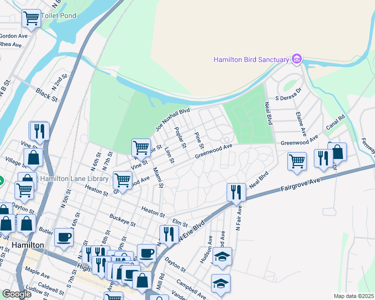 map of restaurants, bars, coffee shops, grocery stores, and more near 530 Poplar Street in Hamilton
