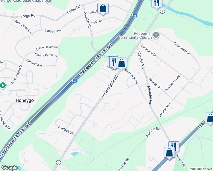map of restaurants, bars, coffee shops, grocery stores, and more near 11518 Philadelphia Road in White Marsh