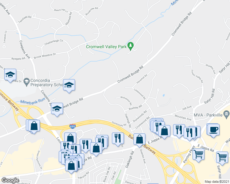 map of restaurants, bars, coffee shops, grocery stores, and more near 8817 Wolverton Road in Parkville