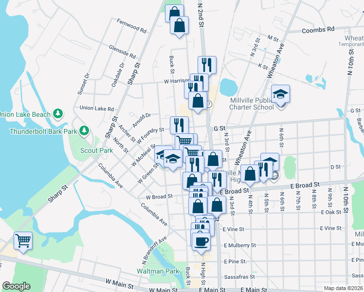 map of restaurants, bars, coffee shops, grocery stores, and more near 3 East McNeal Street in Millville