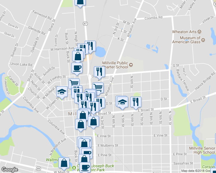 map of restaurants, bars, coffee shops, grocery stores, and more near 815 Wheaton Avenue in Millville