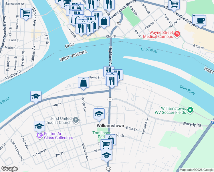 map of restaurants, bars, coffee shops, grocery stores, and more near 200-266 Highland Ave in Williamstown