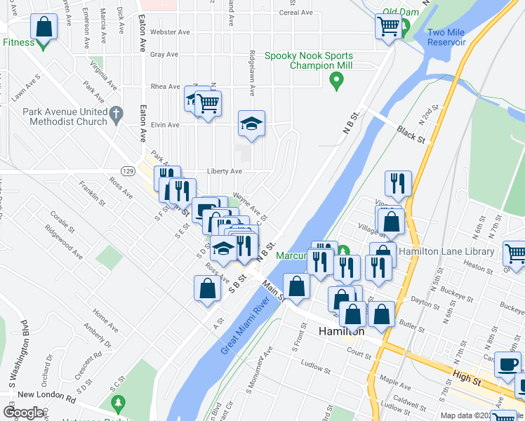 map of restaurants, bars, coffee shops, grocery stores, and more near 216 North C Street in Hamilton