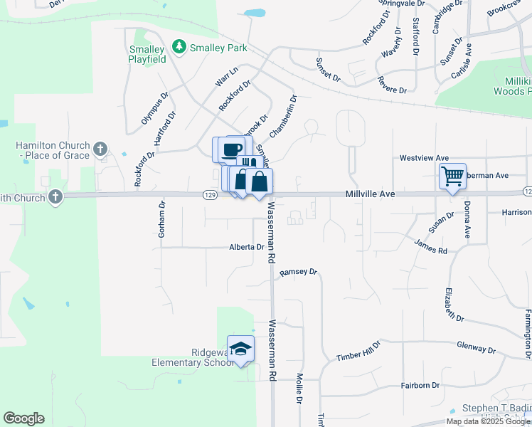 map of restaurants, bars, coffee shops, grocery stores, and more near 575 Wasserman Road in Hamilton