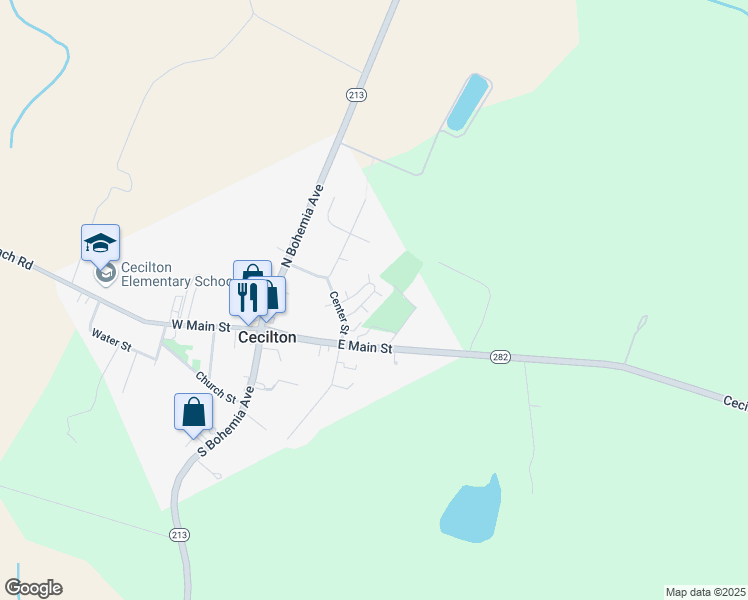 map of restaurants, bars, coffee shops, grocery stores, and more near 203 East Main Street in Cecilton