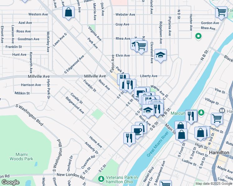 map of restaurants, bars, coffee shops, grocery stores, and more near 516 Ross Avenue in Hamilton