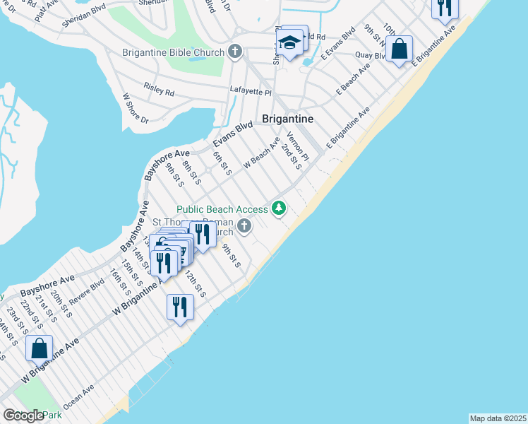 map of restaurants, bars, coffee shops, grocery stores, and more near 600 West Brigantine Avenue in Brigantine