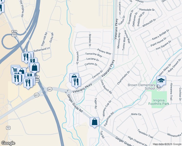 map of restaurants, bars, coffee shops, grocery stores, and more near 375 Bulluno Drive in Reno