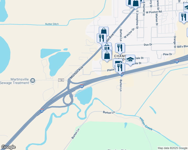 map of restaurants, bars, coffee shops, grocery stores, and more near 905 Plaza Drive in Martinsville