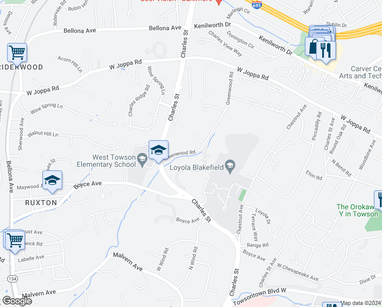 map of restaurants, bars, coffee shops, grocery stores, and more near 508 Greenwood Road in Towson