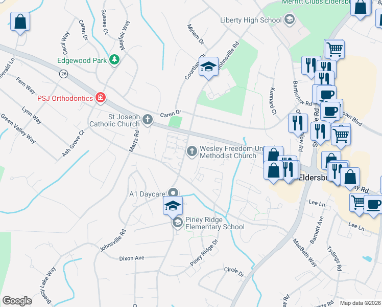 map of restaurants, bars, coffee shops, grocery stores, and more near Marion Court in Eldersburg