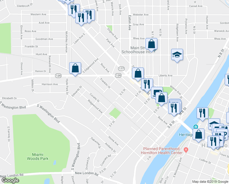 map of restaurants, bars, coffee shops, grocery stores, and more near 607 Franklin Street in Hamilton