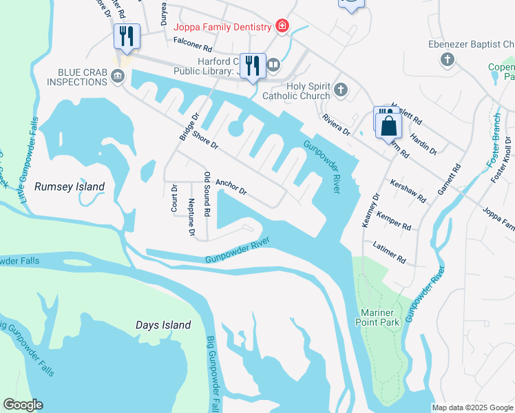 map of restaurants, bars, coffee shops, grocery stores, and more near 522 Anchor Drive in Harford County
