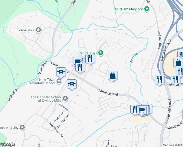 map of restaurants, bars, coffee shops, grocery stores, and more near 9322 Town Place Drive in Owings Mills