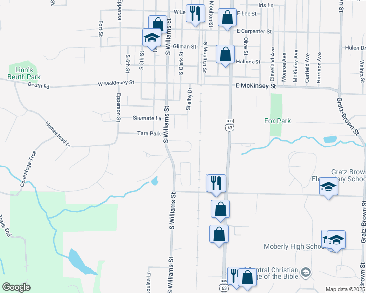 map of restaurants, bars, coffee shops, grocery stores, and more near 1202 Shepherds Drive in Moberly