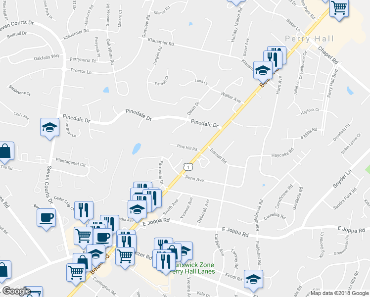 map of restaurants, bars, coffee shops, grocery stores, and more near 4109 Pine Hill Road in Nottingham