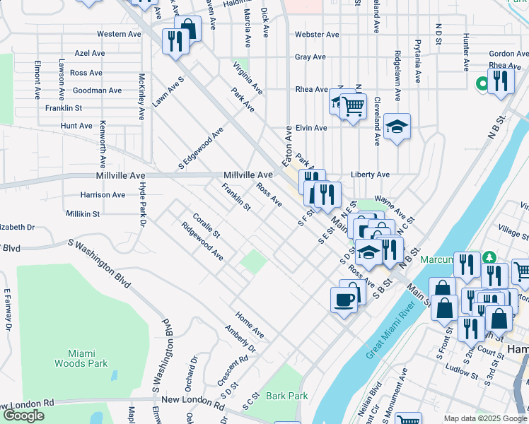 map of restaurants, bars, coffee shops, grocery stores, and more near 124 South G Street in Hamilton