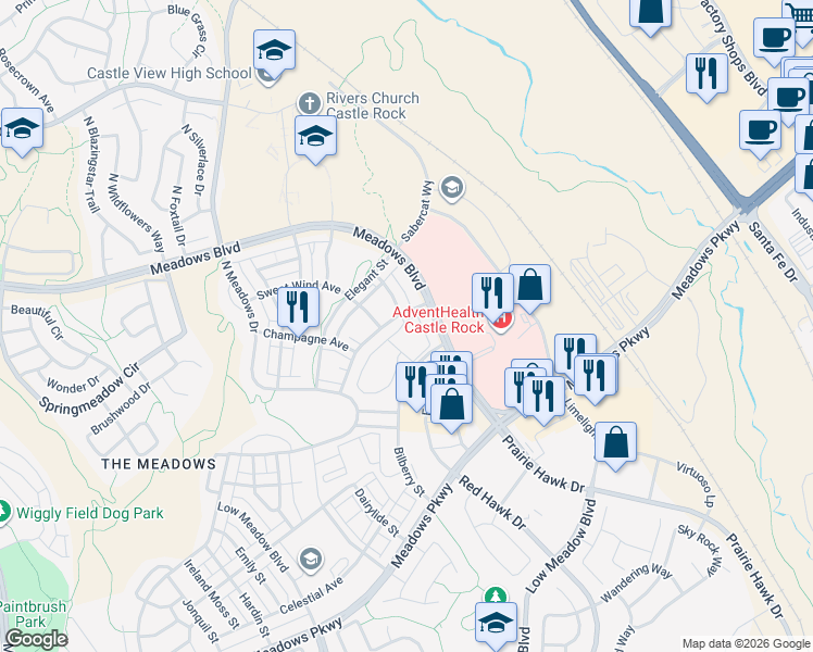 map of restaurants, bars, coffee shops, grocery stores, and more near 4270 Swanson Way in Castle Rock