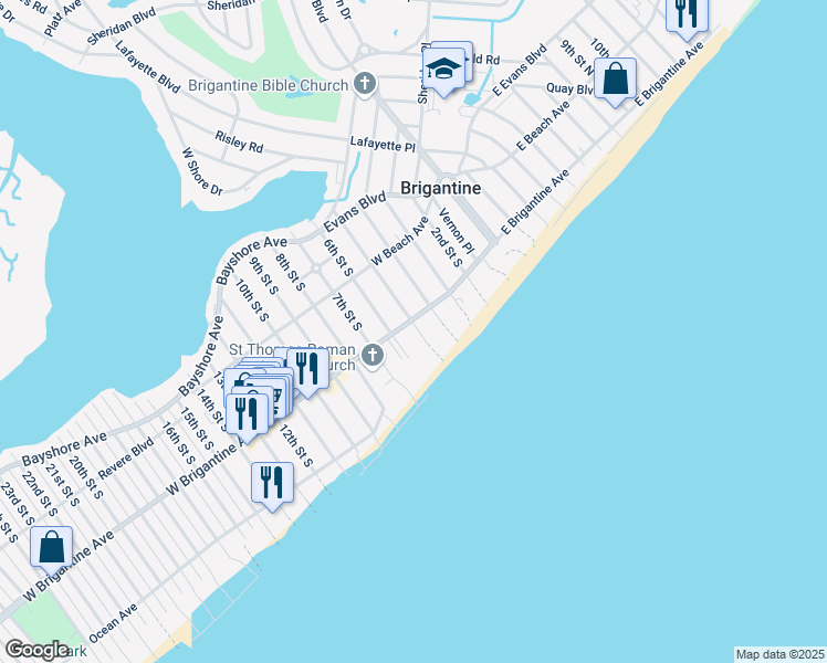 map of restaurants, bars, coffee shops, grocery stores, and more near 320 5th Street South in Brigantine