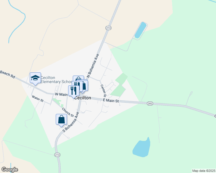 map of restaurants, bars, coffee shops, grocery stores, and more near 203 East Main Street in Cecilton