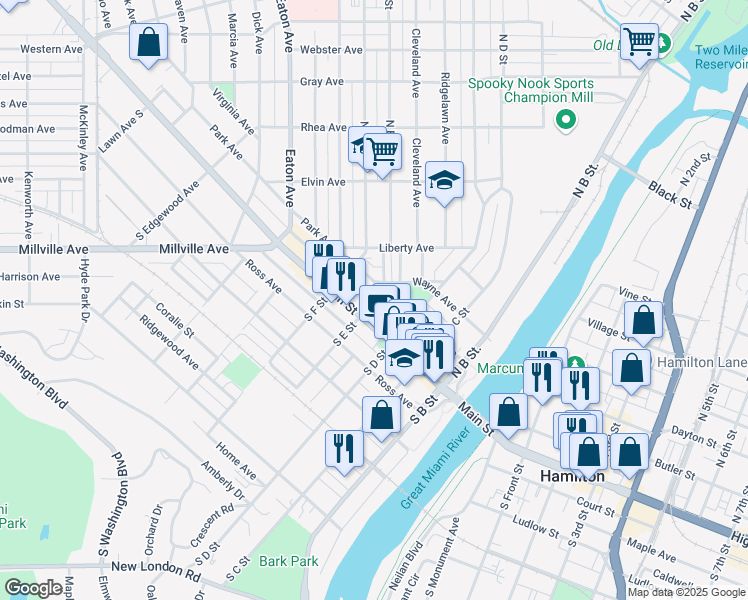 map of restaurants, bars, coffee shops, grocery stores, and more near 27 North E Street in Hamilton