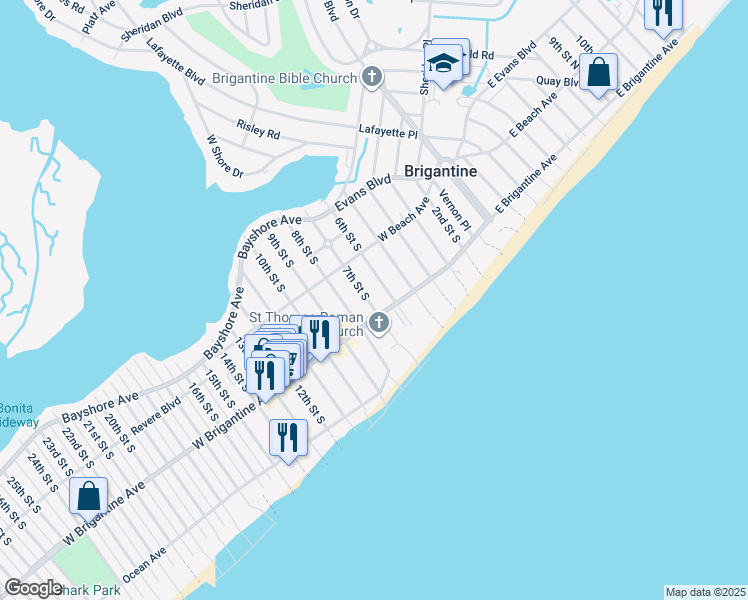 map of restaurants, bars, coffee shops, grocery stores, and more near 247 8th Street South in Brigantine