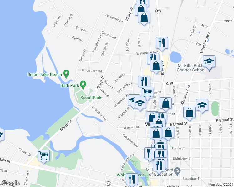 map of restaurants, bars, coffee shops, grocery stores, and more near West Foundry Street & Archer Street in Millville