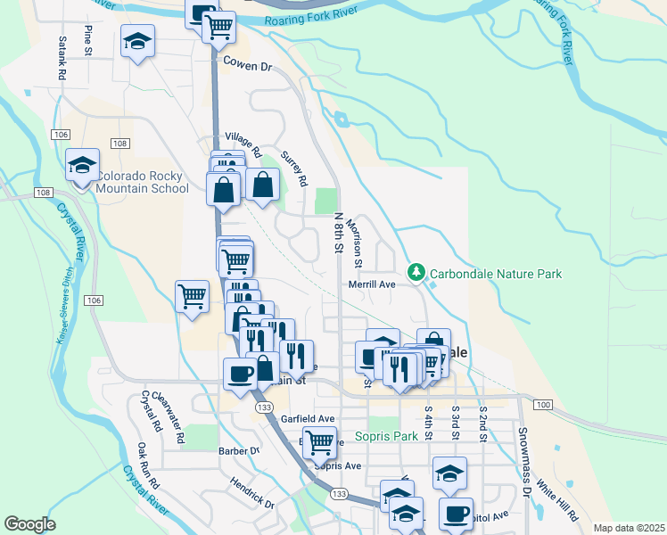 map of restaurants, bars, coffee shops, grocery stores, and more near 785 Merrill Avenue in Carbondale