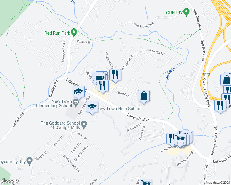 map of restaurants, bars, coffee shops, grocery stores, and more near 9314 Town Place Drive in Owings Mills